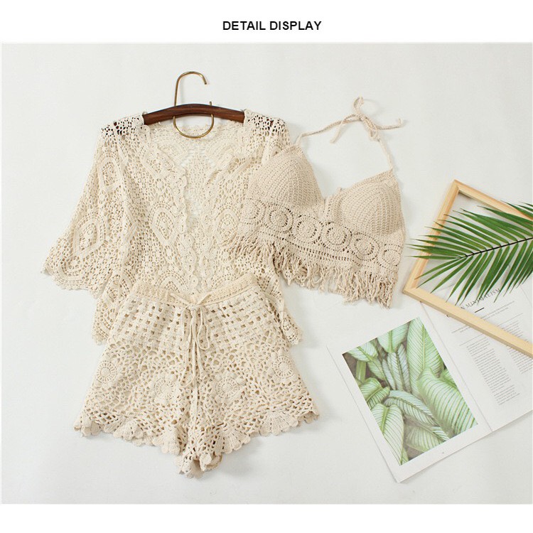 [KIỂU MỚI + CÓ SẴN] Set bikini len 2 mảnh áo đồng xu tua rua