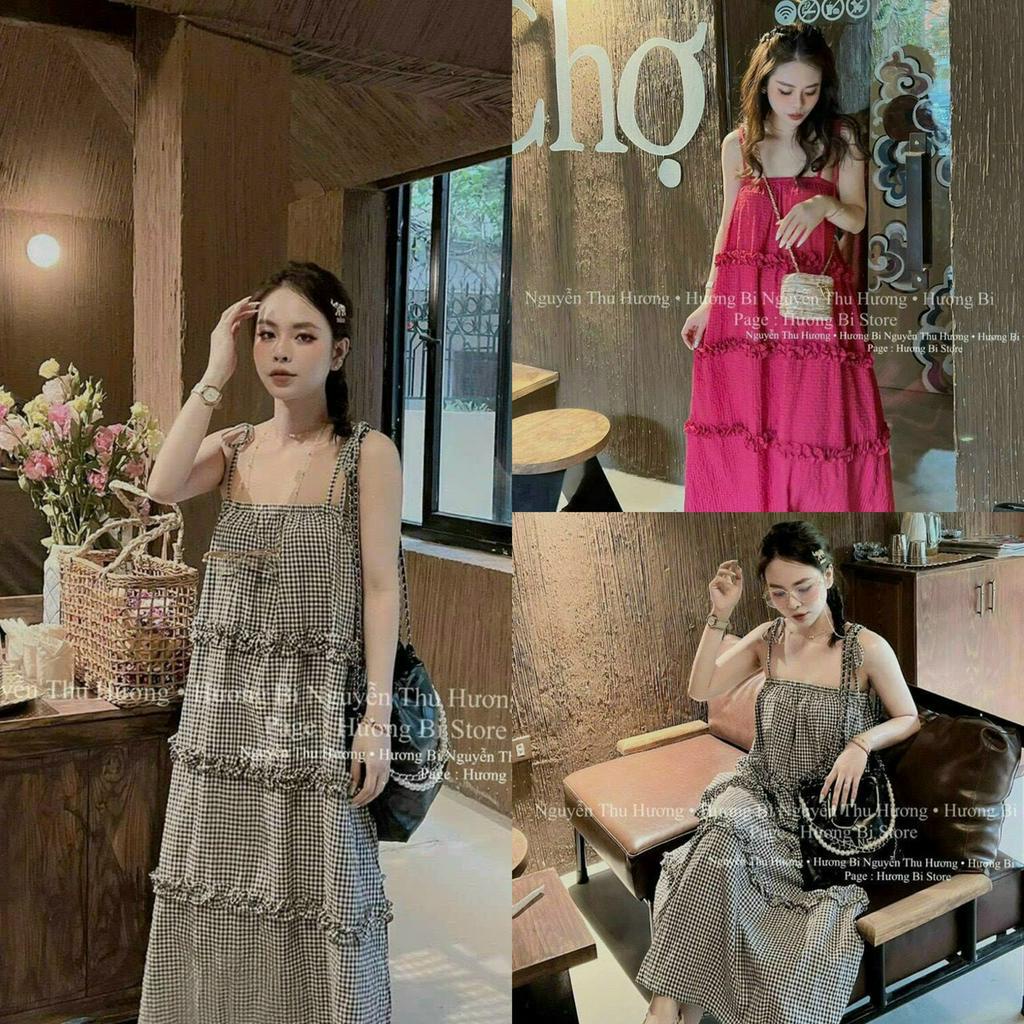 Đầm váy nữ 2 dây cột nơ vai dáng suông sang chảnh dễ thương họa tiết nhún tầng dự tiệc đi chơi