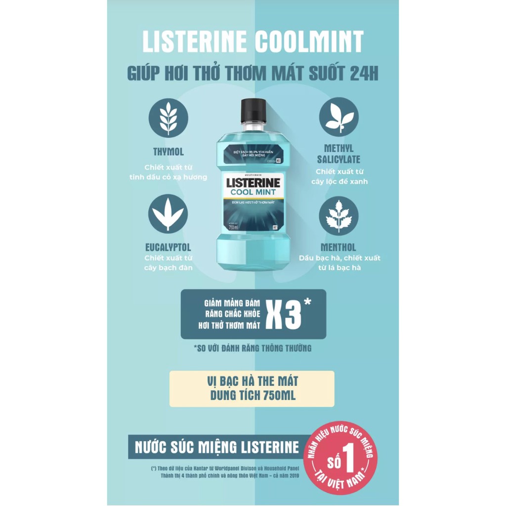 Combo 2 Nước Súc Miệng Hương Bạc Hà Listerine Cool Mint (750ml/Chai)