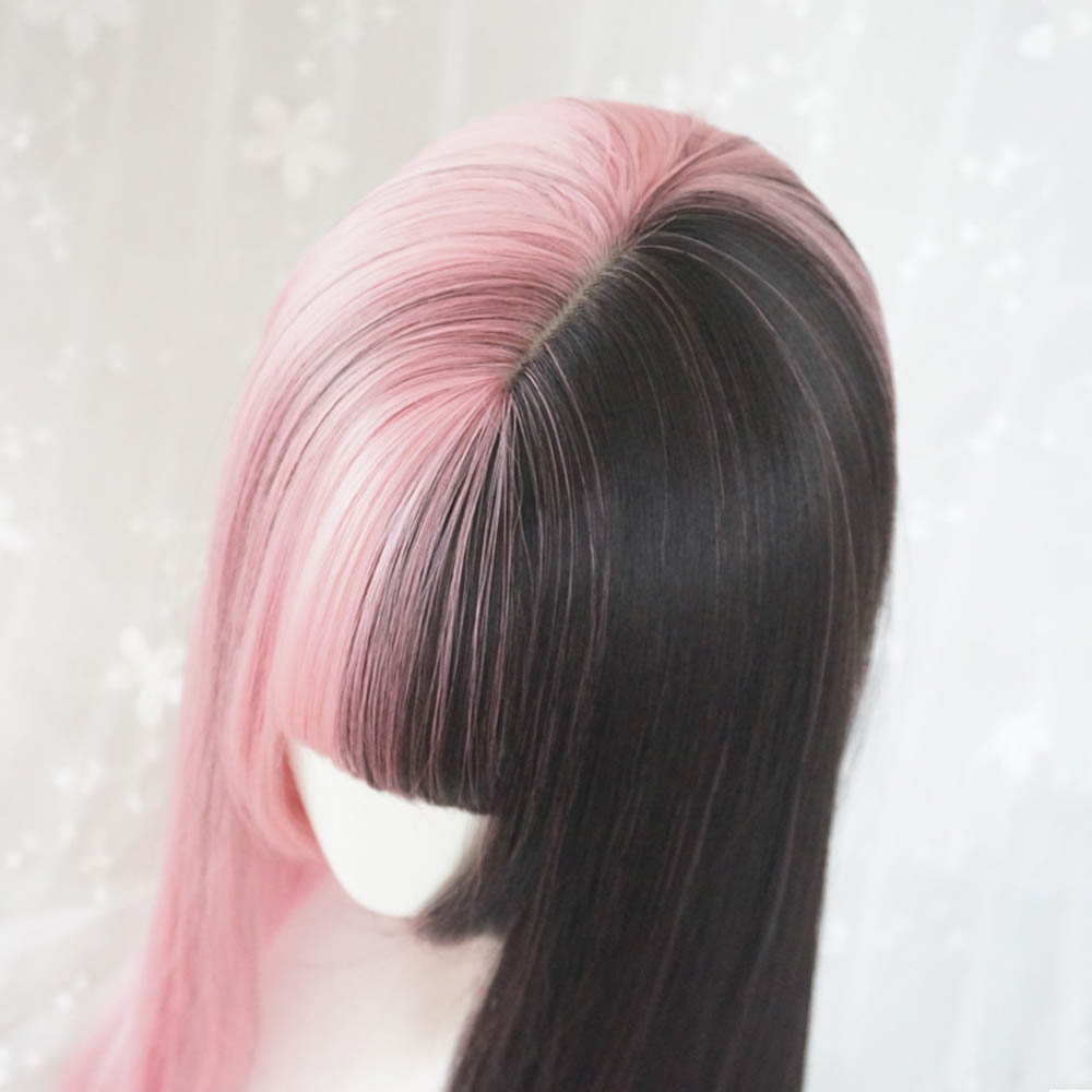 ☆YOLA☆ Long Thick Black&pink Wig Hair Extension Lolita Double Color Toupee Women Female Synthetic Bangs Harajuku Goth Style Hair Cosplay Long Straight Hair