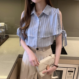 Áo kiểu trễ vai chất chiffon tay ngắn hoạ tiết kẻ sọc cho nữ