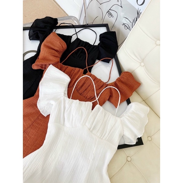 Đầm Váy Nhún Ngực Chéo Cổ Tay Rớt 3 Màu