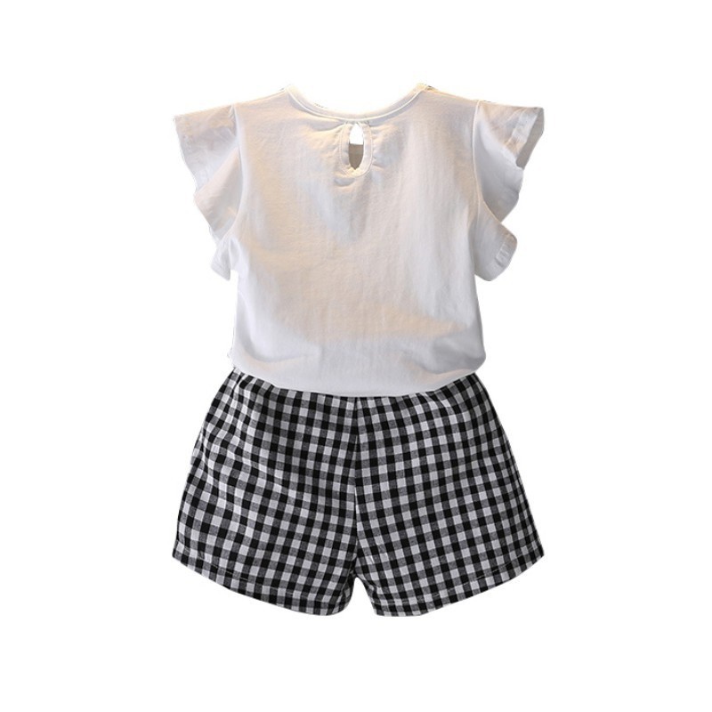 Áo nhún bèo hình quả dứa và quần kiểu họa tiết caro cho bé