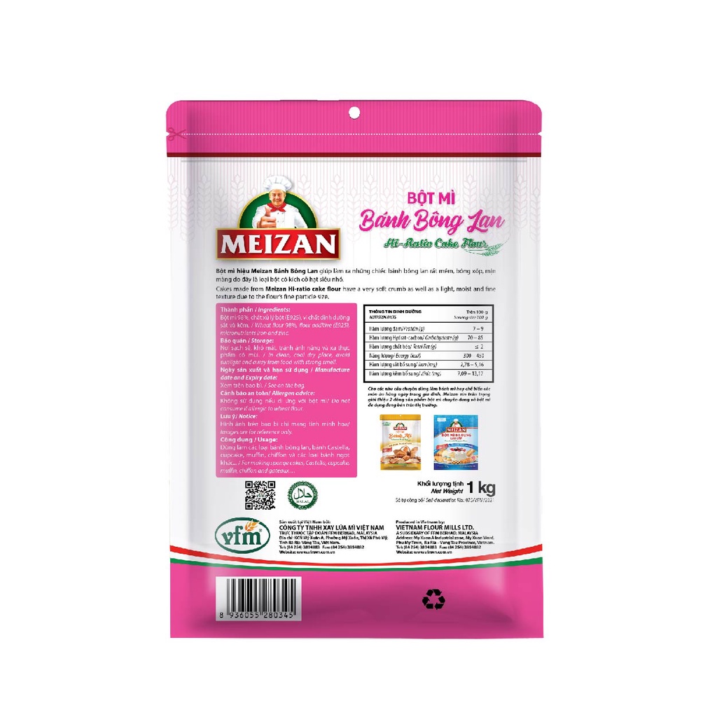 Bột mì chuyên dụng cho bánh bông lan Meizan Hiratio cake flour 1kg/túi