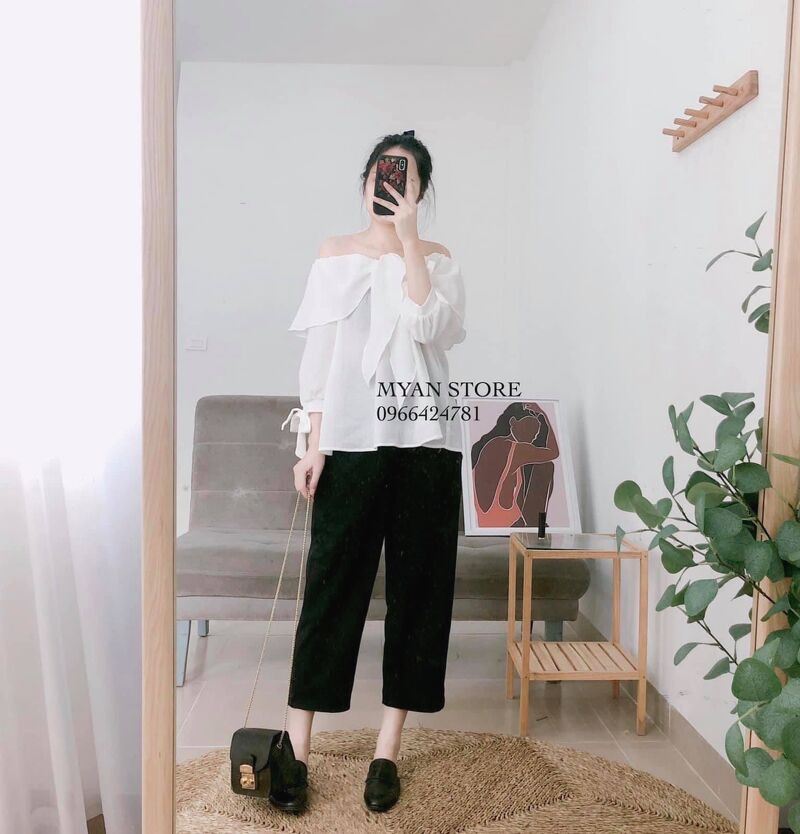 Áo trễ vai nơ trước, tay nơ (2m) AVN032105