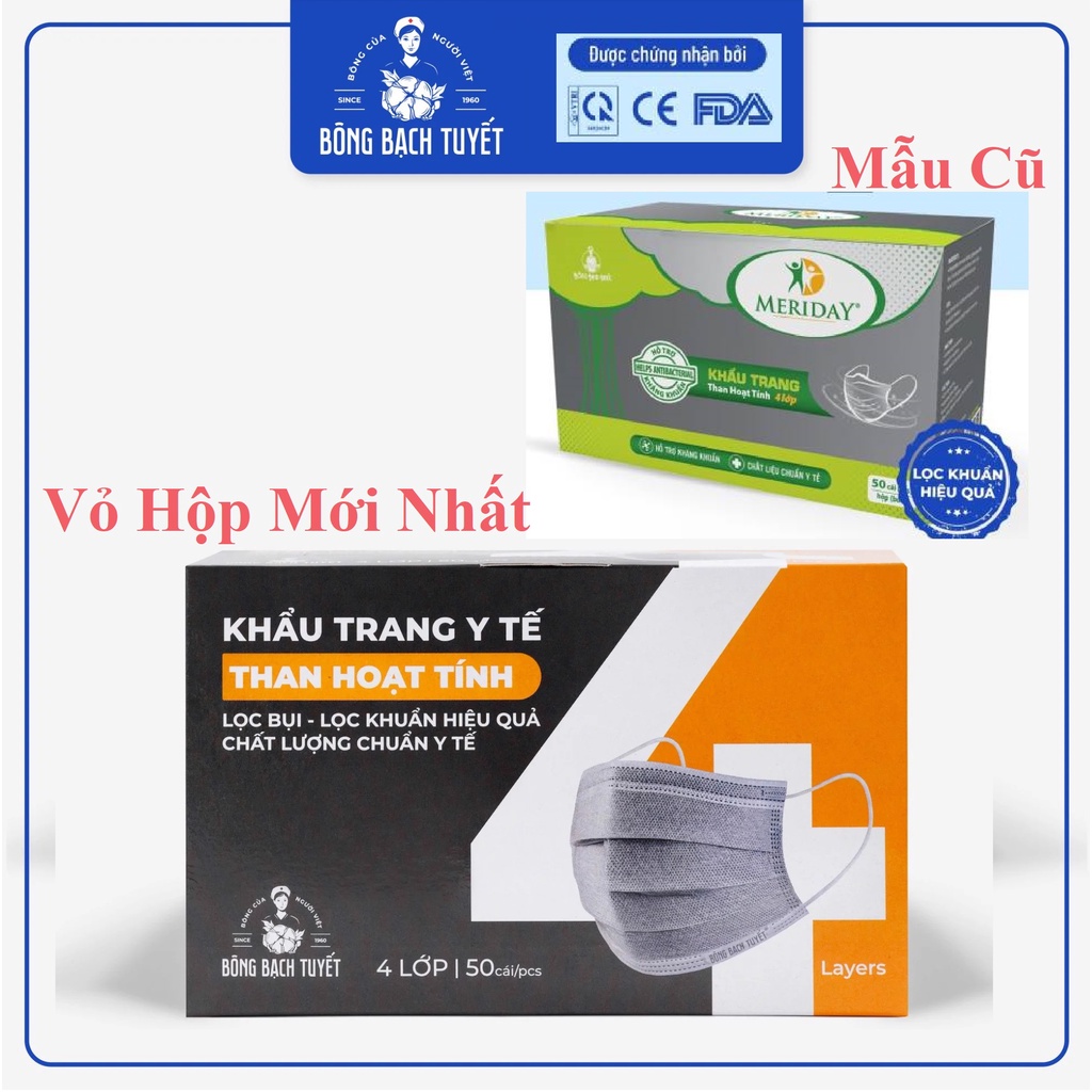 Khẩu trang than hoạt tính 4 lớp Meriday Mới ( 50 cái/hộp ) - Khẩu trang Meriday chính hãng Bông Bạch Tuyết