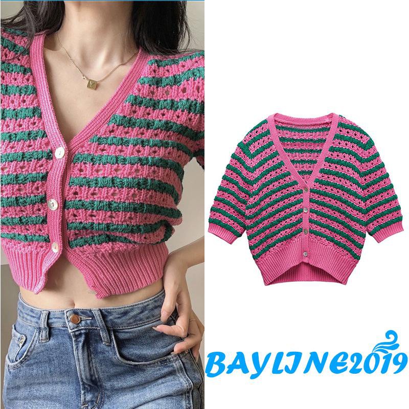 Áo Cardigan Tay Ngắn Cổ Chữ V Cài Nút Họa Tiết Kẻ Sọc Thanh Lịch Cho Nữ