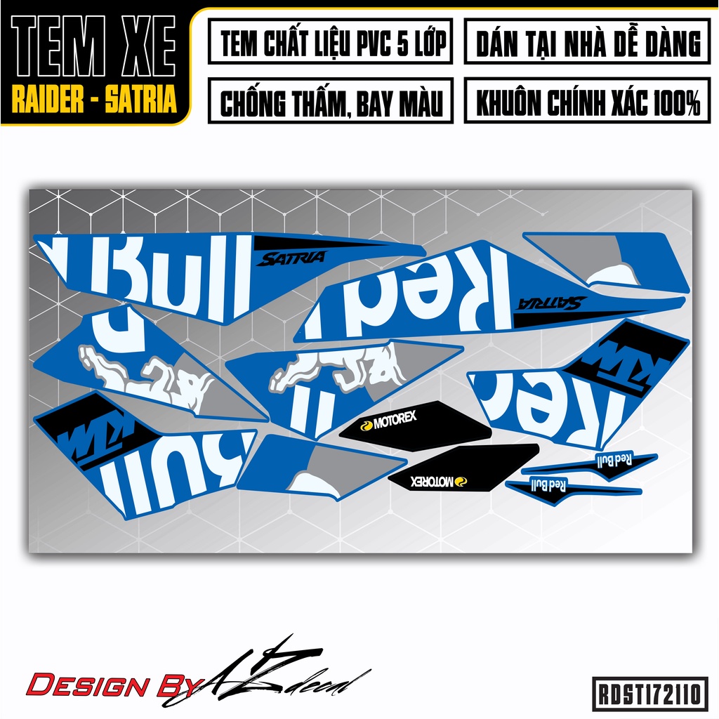 Tem Rời Xe Suzuki Raider - Satria Mẫu Redbull | RDST172110 | Decal Chế Chất Liệu PVC Chống Nước, Đa Dạng Màu Tem Cho Xe
