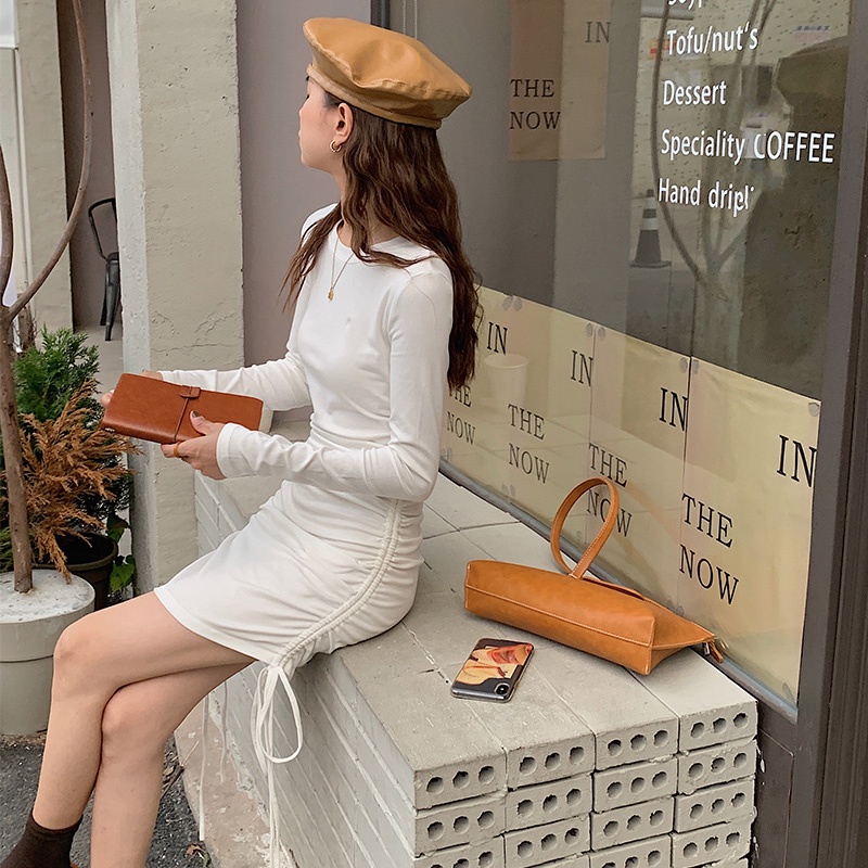 Đầm SUXI cotton tay dài dáng ôm phối dây rút gợi cảm cho nữ