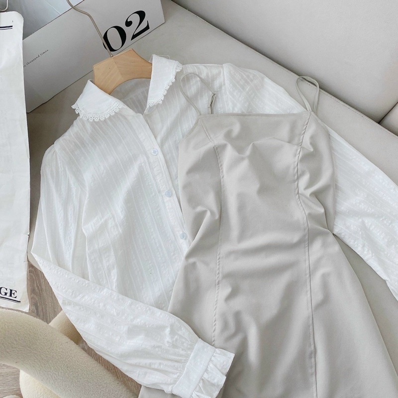 SET YẾM MIDI+ÁO TRẮNG CỔ VIỀN REN