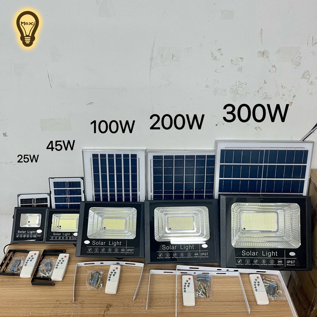 【HÀNG SẴN KÈM PIN+REMOTE】Đèn Pha Led năng lượng mặt trời 300W,200W,100W,45W,25W đủ công suất sáng liên tục MOXI.