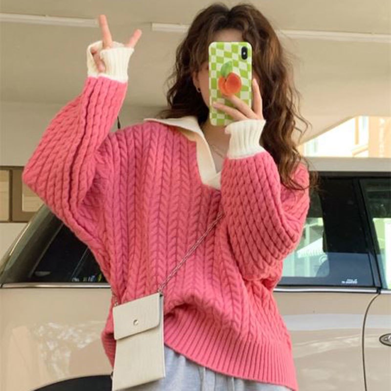 Áo Len Sáp Mềm Dài Tay Dáng Rộng Phối Màu Tương Phản Kiểu retro Hàn Quốc