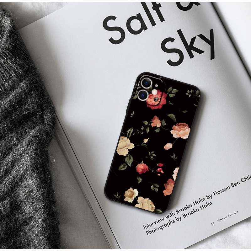 Ốp Điện Thoại tpu Dẻo Viền Đen Họa Tiết Hoa Đỏ Cho iphone 13 14 pro max x 5s 6s 7 8 plus xr 12 mini 11 pro xs max se2 Thời Trang