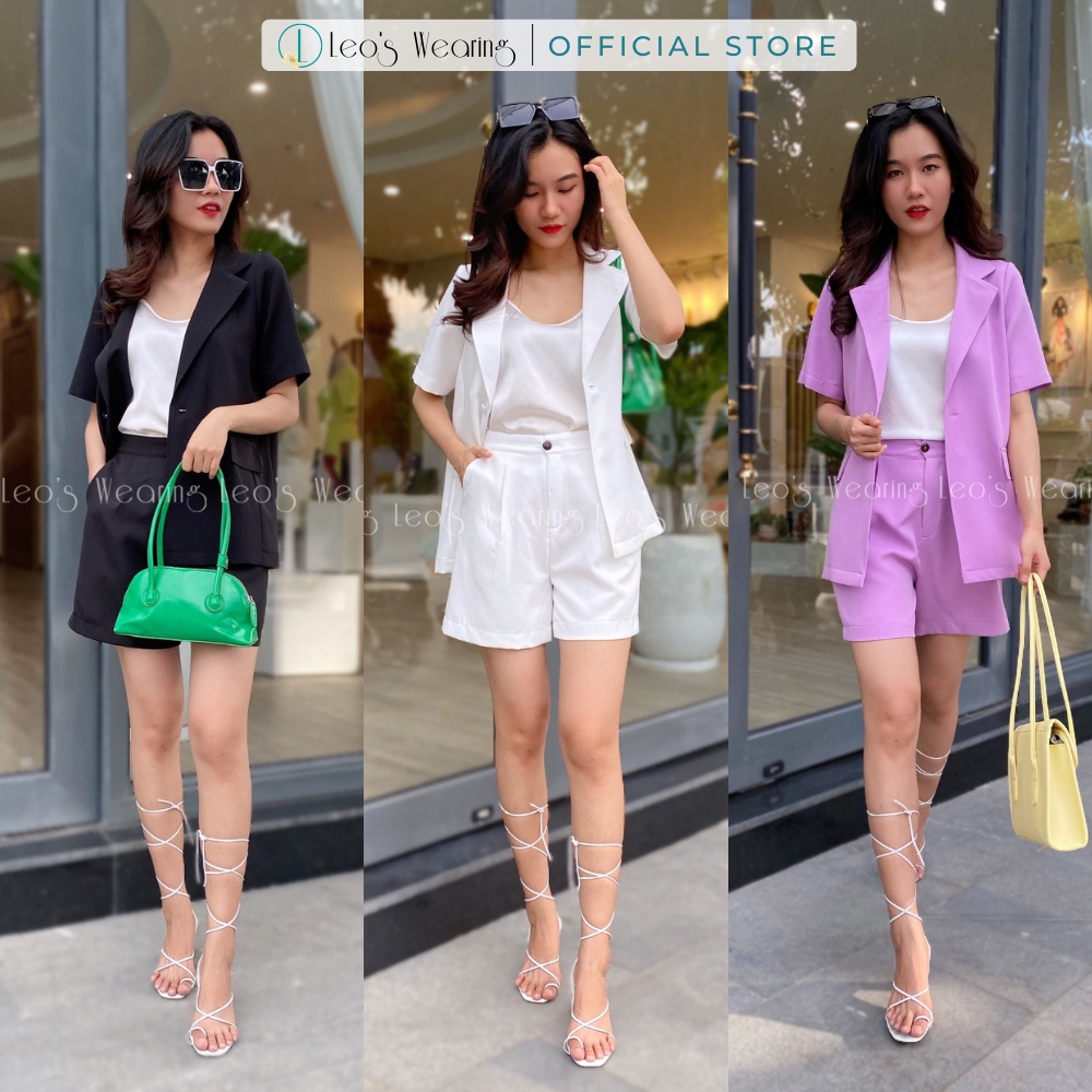 Set 2 món quần short lưng cao mix áo khoác blazer tay ngắn cổ vest LEOSWEARING V23 V24 V25 V26