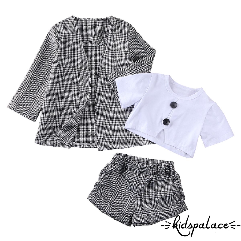 ➤♕❀❤Children Girls Summer Outfits Long Sleeve V Neck Plaid Printed Outwear Jacket Coat + Shorts + Short Sleeve Tank Top