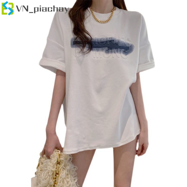 COD Women  T-shirt Three-dimensional Foaming Printing White Top Mid-length Loose Short-sleeved Shirt