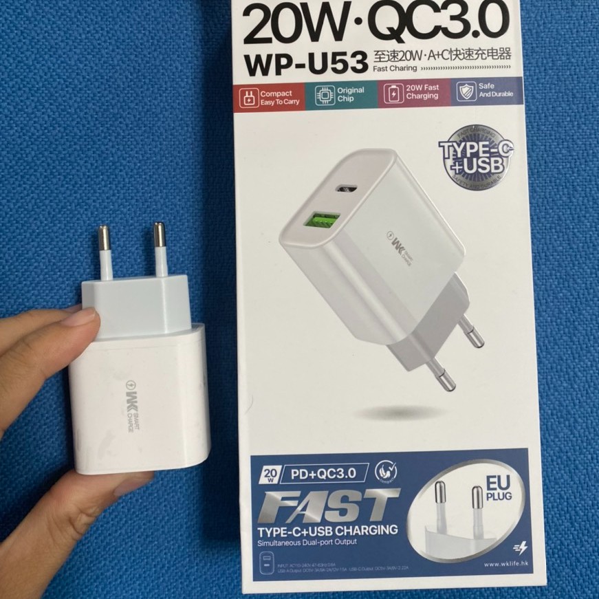 Củ sạc nhanh chính hãng , củ sạc iphone 20W PD + QC3.0 20W WP-U53 hỗ trợ sạc nhanh PD cho iPhone, Quick Charge androi