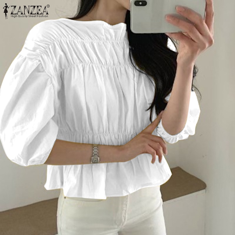 Áo kiểu Zanzea tay lửng cổ tròn phong cách Hàn Quốc cho nữ