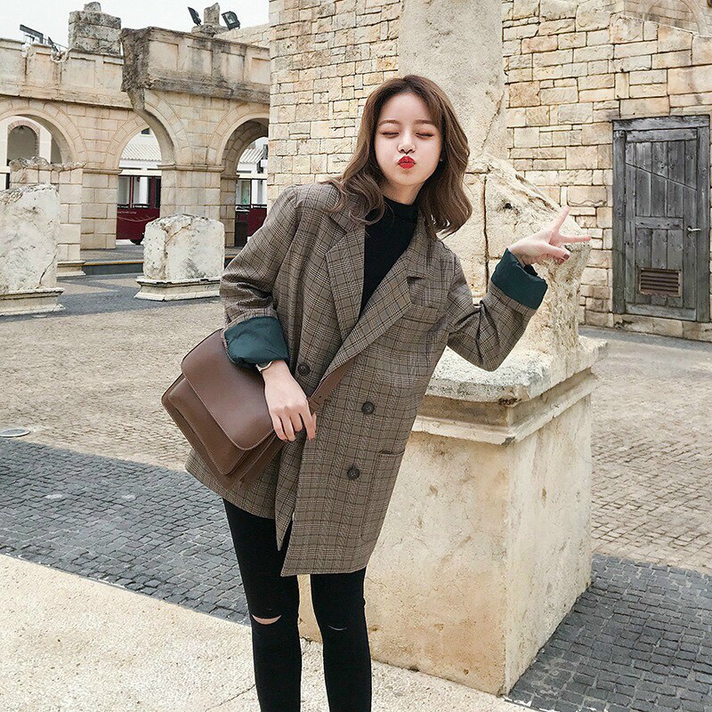 Áo blazer nữ dài tay sọc caro vintage, Áo vest nữ freesize 2 lớp khoác ngoài