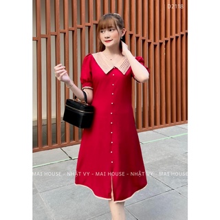 Đầm Nữ NHẬT VY Trơn Cổ V Phối Nút Tay Phồng Chất Kaki Thun Công Sở Dáng Suông Màu Đỏ, Đen - D2118