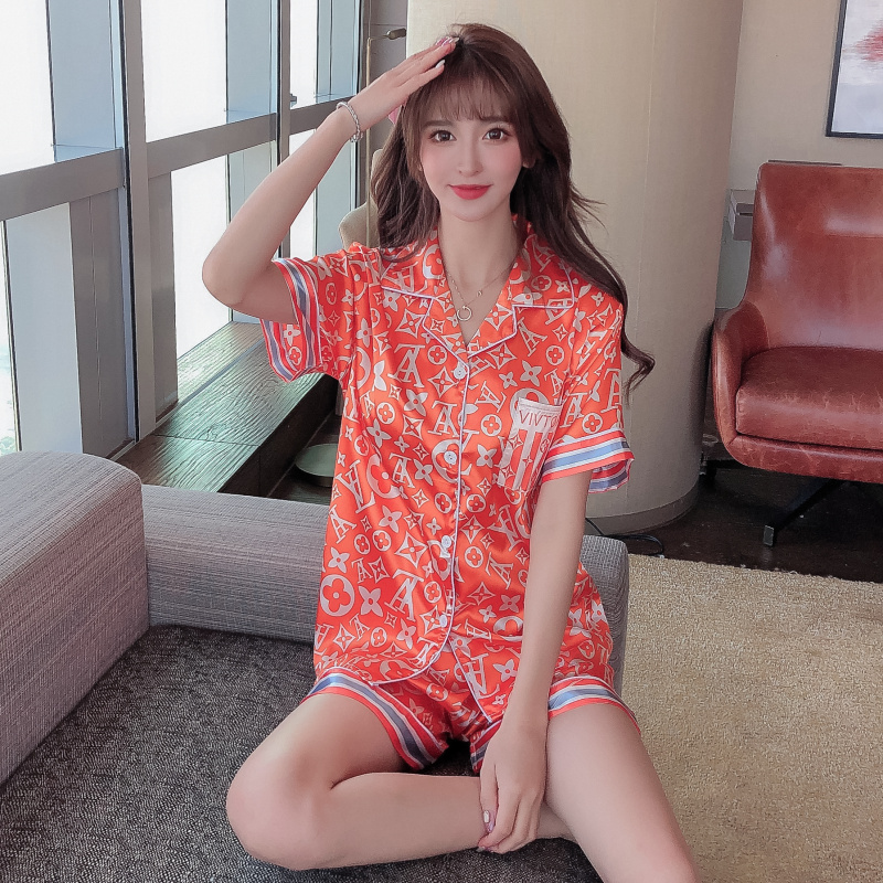 insKorean Style Pajamas Women's Summer Thin Ice Silk Short Sleeve Advanced Luxury Cool DoubleCLetter Silk Homewear