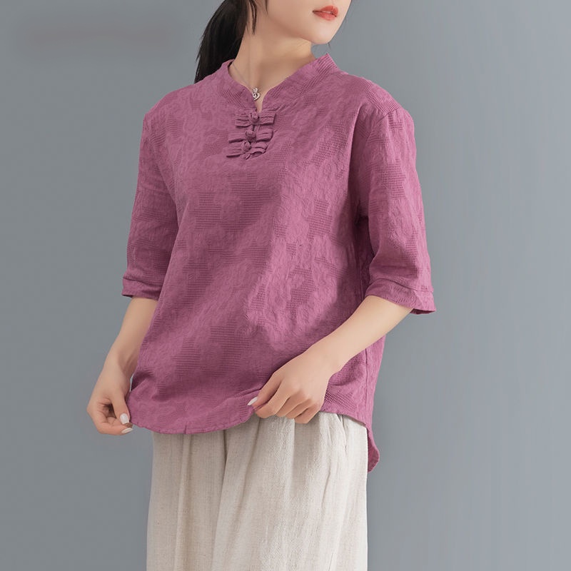 Áo Thun Cotton Linen Cổ Đứng Cài Nút Tay Lửng Phong Cách Trung Hoa Cổ Điển Hàng Mới 2022