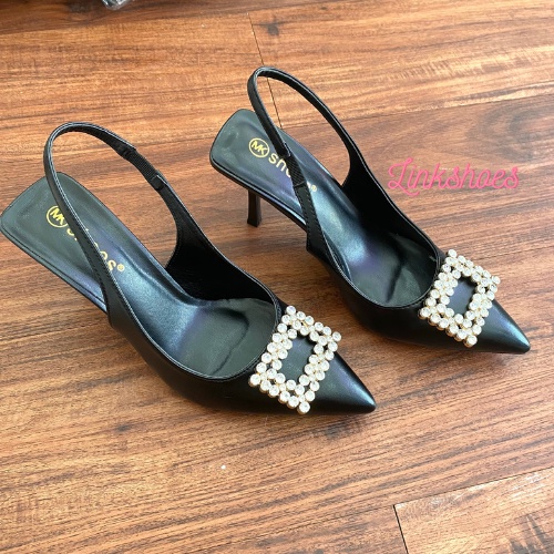 Giày cao gót mũi nhọn sandal hoa đá vuông chất liệu si PU mịn 3 màu đen trắng kem Mã BN02 Link Shoes