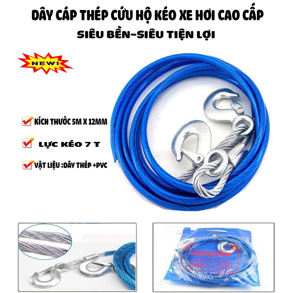 Dây Cáp Cứu Hộ Lõi Thép Cao Cấp Không Gỉ Kéo Xe Hơi Ô Tô Dài Đến 4m Tải Trọng Đến 5 Tấn .