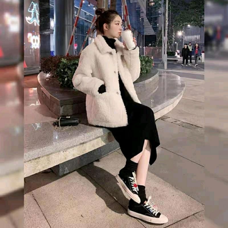 Áo khoác lông cừu kèm váy dáng suông - Set 2 món kèm video ảnh thật