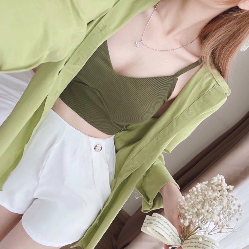 Sét bộ 3 món Áo Khoác Sơmi Tay Dài Màu Xanh Bơ kèm Áo Bra phối Quần Đùi Năng  Động Cá Tính