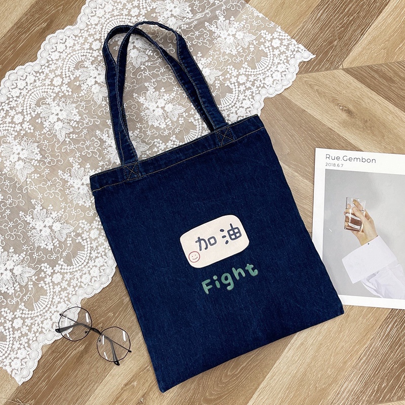 Túi Xách Denim In Chữ Thời Trang Nữ Tính