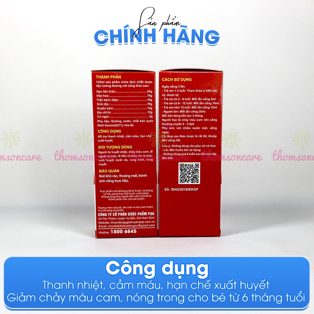 Chỉ huyết PQA hỗ trợ giảm chảy máu cam, nóng trong cho bé, thanh nhiệt - chai 125ml