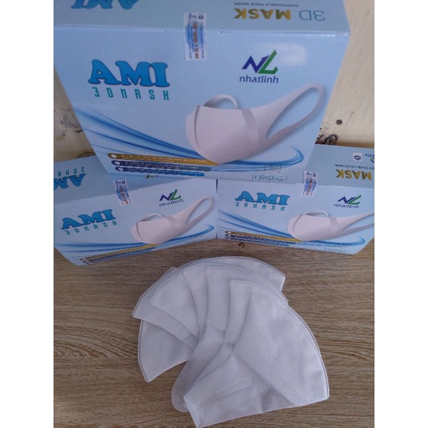 []Hộp 50 chiếc Khẩu trang 3D Cao Cấp AMI, Mầu trắng 3 lớp,1 3d