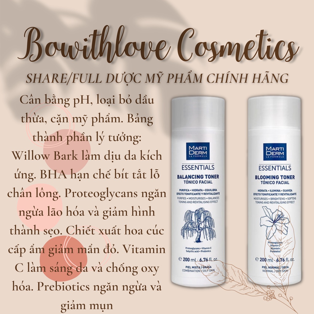 Nước Cân Bằng Làm Sạch Da Chứa Prebiotics - Toner MartiDerm Essentials Balancing và Blooming 200ml