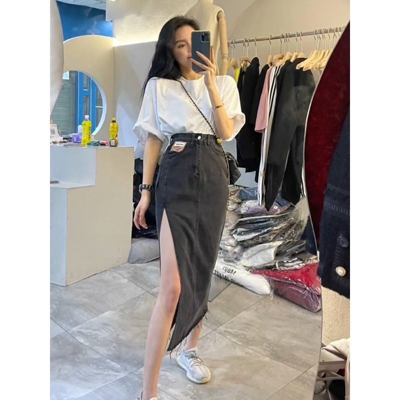 Chân Váy Jeans Dài Lưng Cao Xẻ Tà Phong Cách Hàn Quốc Thời Trang Xuân Hè 2021 Cho Nữ | BigBuy360 - bigbuy360.vn