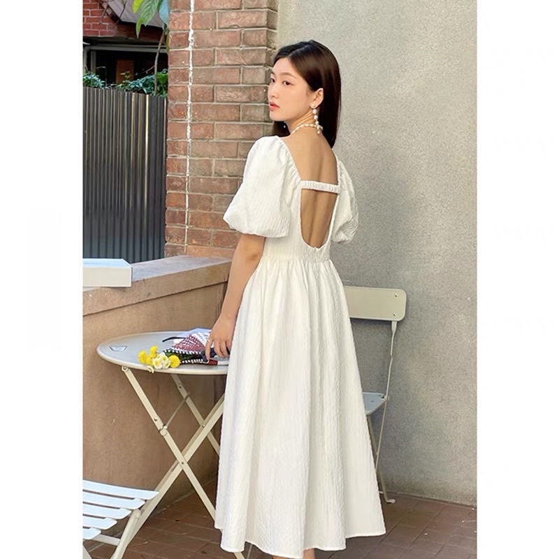 Đầm gấm xốp tay bồng tiểu thư - hở lưng mix chun