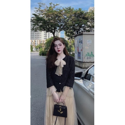 Áo dạ nhũ cổ nơ mix chân váy ren xinh
