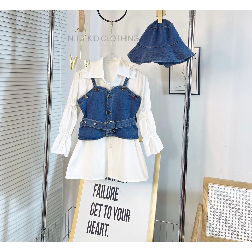Váy cho bé gái, set 4ct: váy sơ mi, yếm jean, đai và mũ vành siêu chảnh cho bé size 10-32kg