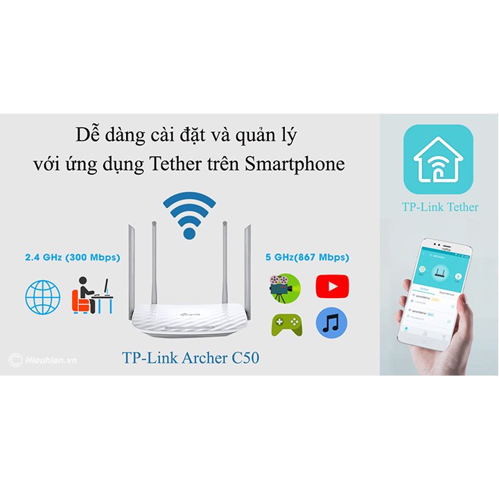 Bộ phát wifi băng tần kép TP-Link Archer C50 Wireless AC1200Mbps new,hàng chuẩn Phuzinshop