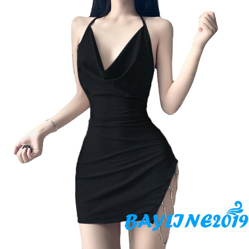 Bay-đầm Ngủ Hai Dây Ôm Dáng Hở Lưng Phối Dây Xích Xẻ Tà Gợi Cảm Cho Nữ