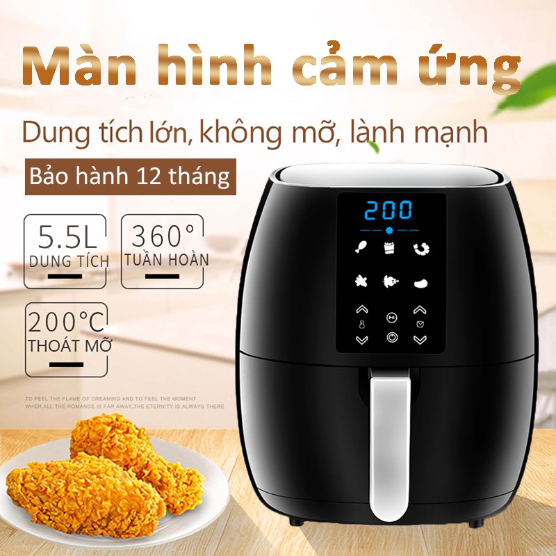 【Bảo hành 12 tháng】nồi chiên không dầu 5.5 Lít, Màn hình điều khiển cảm ứng,Lớp chống dính cấp thực phẩm , Air Frye