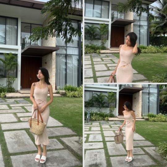 Đầm maxi dài 2 dây khoét eo cột cổ Analisa Cut Out Midi Dress vải cao cấp co dãn LOVEKIUTEE