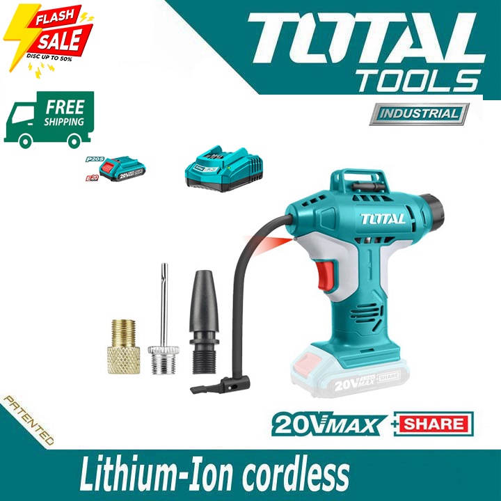 Máy bơm hơi cầm tay tự động pin Lithium 20V TOTAL TACLI2001 - Cam kết chính hãng Bơm lốp xe ôtô xe máy, Bóng bay