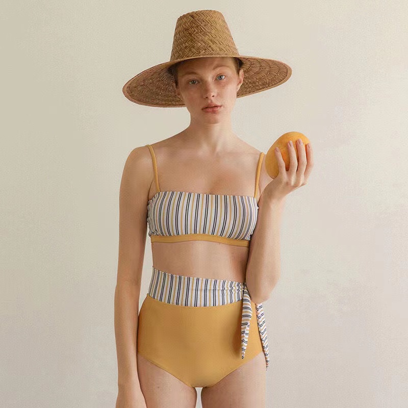 Xiuer Bộ Đồ Bơi Bikini Lưng Cao Có Mút Đệm Ngực Họa Tiết Kẻ Sọc Phong Cách Mới Quyến Rũ Cho Nữ#Y49