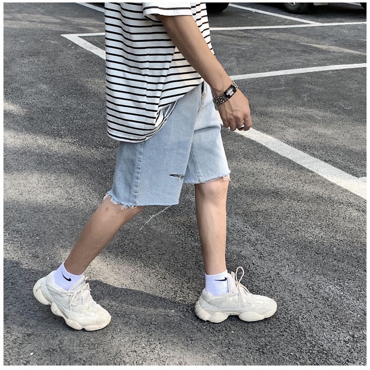 Quần short jean rộng unisex nam nữ màu xanh nhạt rách đùi ngố lửng lưng cao 02 chuyensiluxury hà nội hcm