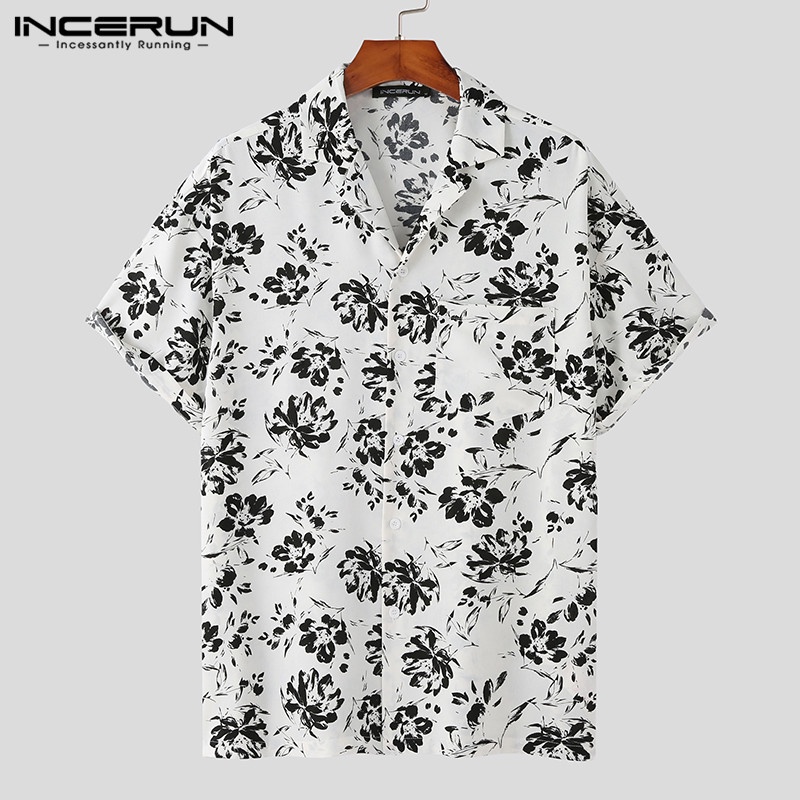 Áo sơ mi INCERUN ngắn tay in hoa phong cách vintage hawaii trẻ trung cho nam