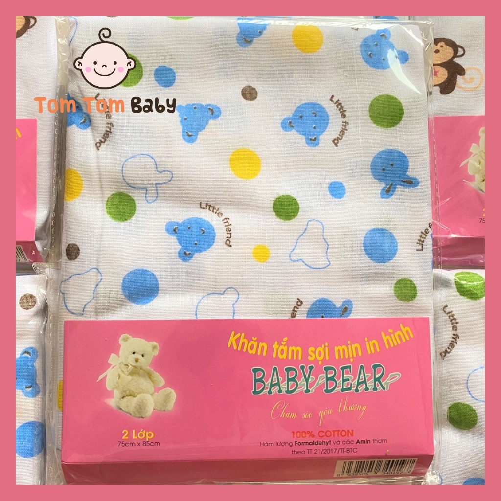 Túi 1 cái Khăn tắm sơ sinh in hình sợi mịn Baby Bear - Kích cỡ khăn 75x95 cm