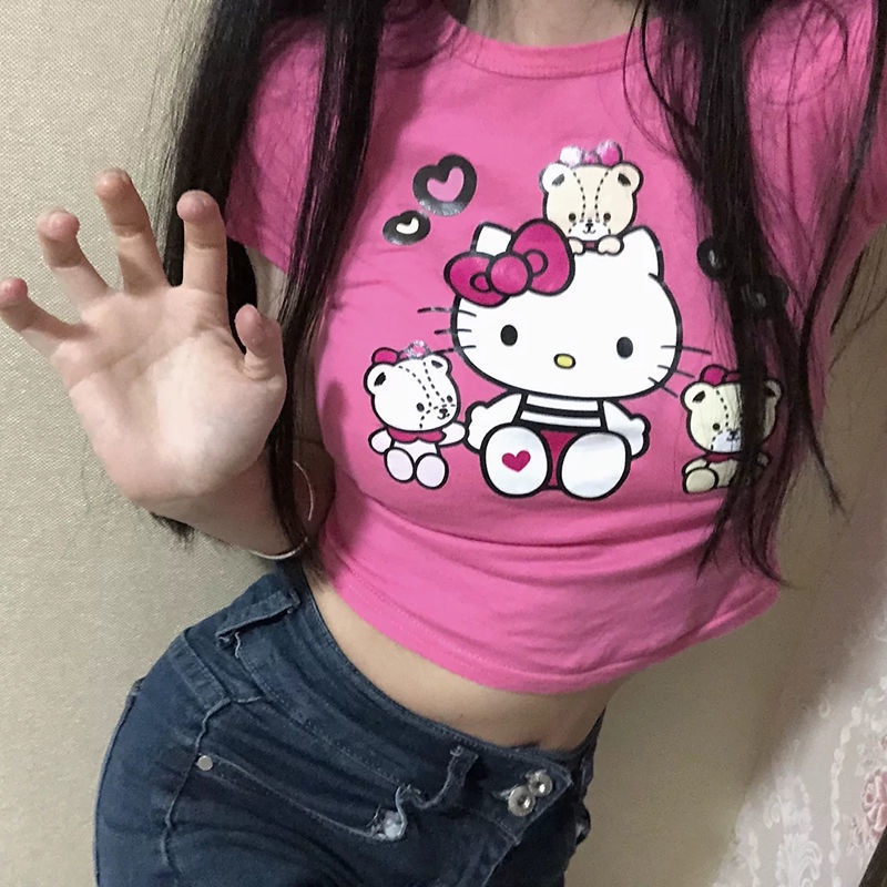 Summer Fashion New Cotton Short-sleeved T-shirt Girls Hello Kitty Print Cute Pattern All-match Pink Short Student Top