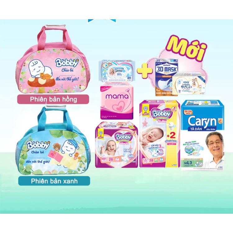 Miếng lót Bobby 1-28,tã dán Bobby XS42, khăn ướt Bobby 100, BVS Mama 12m, tã dán Caryn 3m, túi mẹ bé