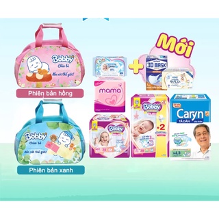 [Combo Mẹ đi sinh] Miếng lót Bobby 1-28,tã dán Bobby XS42, khăn ướt Bobby 100, BVS Mama 12m, tã dán Caryn 3m, túi mẹ bé